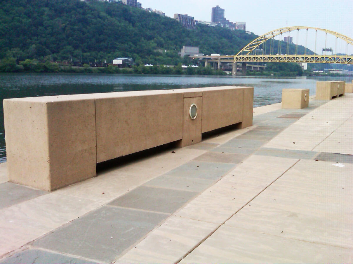 Mon Wharf Pittsburgh Benches with Light Bollard